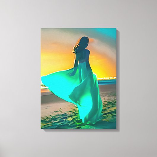 Vrouwen in Turquoise Blauw op een Nachtstrand Canvas Afdruk (Voorkant)