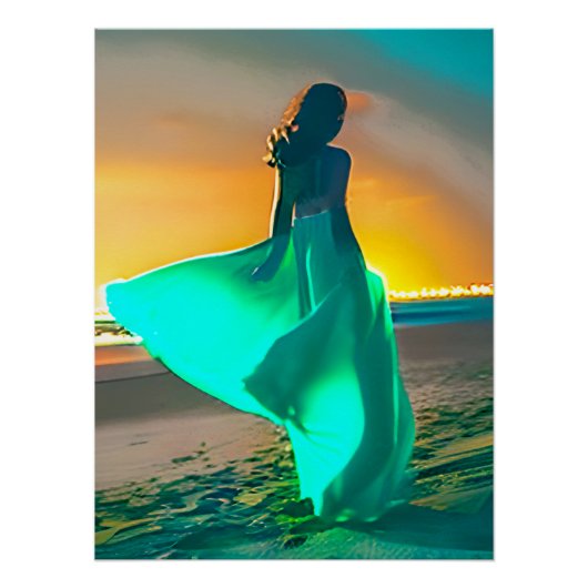 Vrouwen in Turquoise Blauw op een Nachtstrand Perfect Poster (Voorkant)