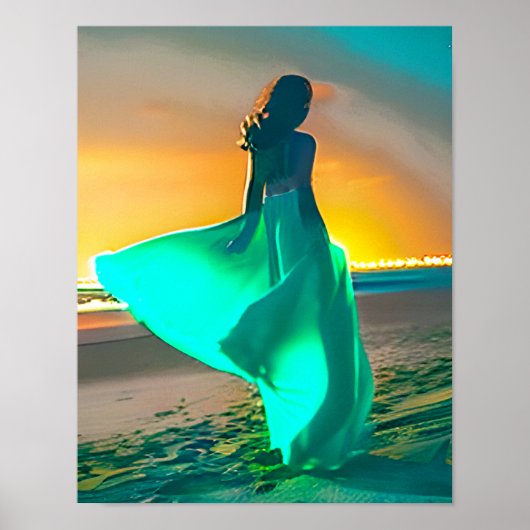 Vrouwen in Turquoise Blauw op een Night Beach Prin Poster (Voorkant)