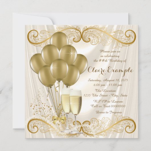 Vrouwen Ivoor Goud Verjaardagsfeest Champagne Glam Kaart (Voorkant)