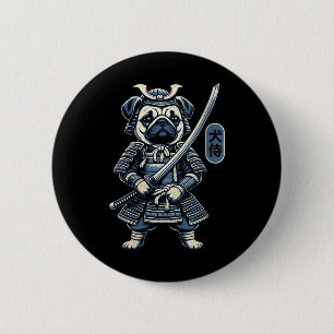 Vrouwen Japans Samurai Dog Tattoo, Pug Dog Kawaii Ronde Button 5,7 Cm