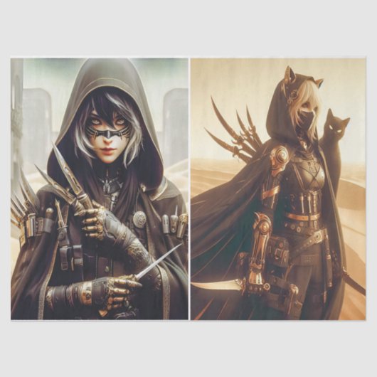 Vrouwen krijger in zwart met twee afbeeldingen Dec Tissuepapier (Voorkant)