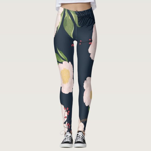 Vrouwen Leggings Baby Roze Kosmos op Navy (Voorkant)