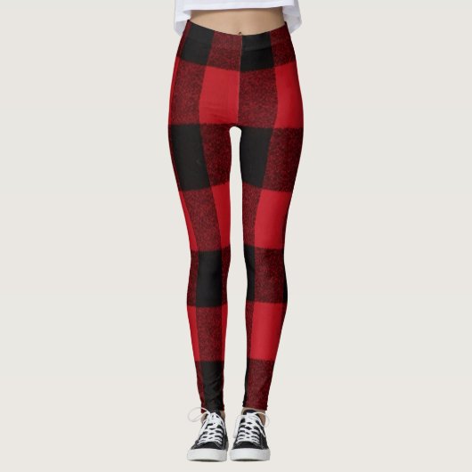 Vrouwen Leggings Red Buffalo Plaid Beer Zwart (Voorkant)