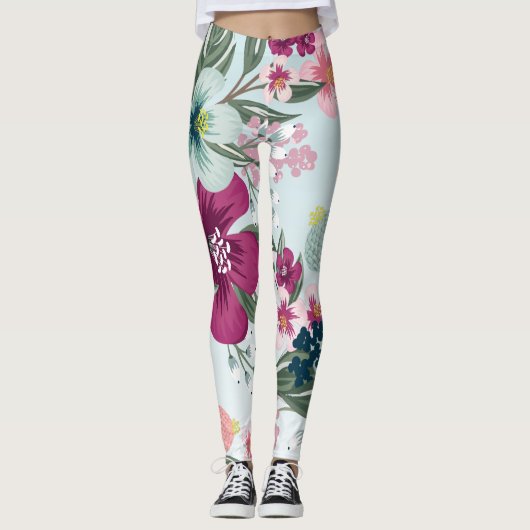 Vrouwen Leggings Tropische bloemen op Blue Ombre (Voorkant)