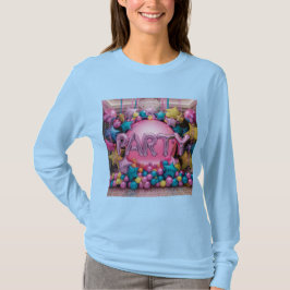 Vrouwen Light Blue Long-Sleeve Balloons Party T-shirt