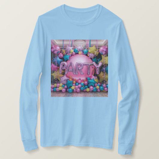 Vrouwen Light Blue Long-Sleeve Balloons Party T-shirt (Design voorkant)
