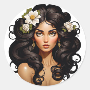 Vrouwen met bloemen in haar haar haar. ronde sticker