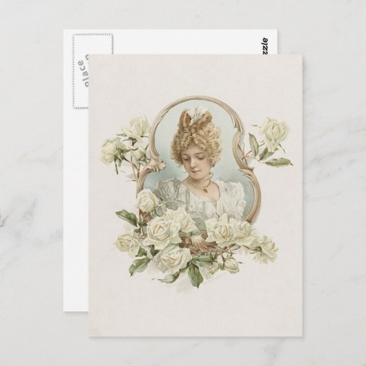 Vrouwen met Briefkaart met witte rozen (Voorkant / Achterkant)