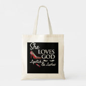 Vrouwen met een hiel, lippenstift en god tote bag (Achterkant)