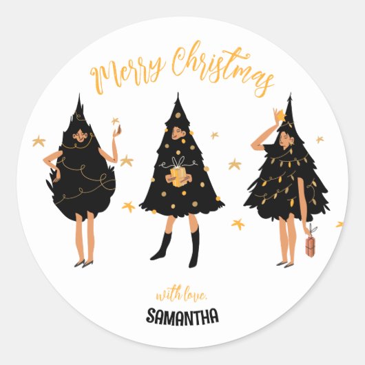 Vrouwen met een zwarte kerstboom ronde sticker (Voorkant)