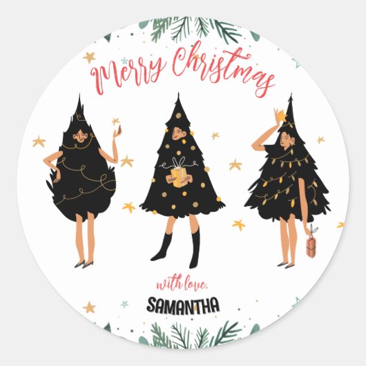 Vrouwen met een zwarte kerstboom ronde sticker (Voorkant)