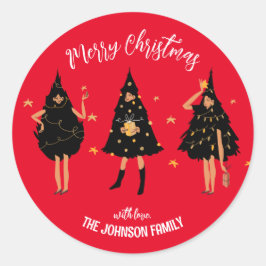 Vrouwen met een zwarte kerstboom, rood ronde sticker