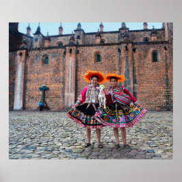 Vrouwen met lammeren in Cusco, Peru Poster