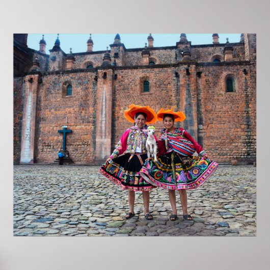 Vrouwen met lammeren in Cusco, Peru Poster (Voorkant)