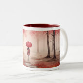 Vrouwen met paraplu op Mapple Forest Graphic Tweekleurige Koffiemok (Voorkant rechts)