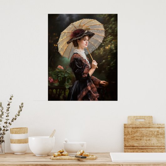 Vrouwen met parasol die in de tuin lopen poster (Keuken)