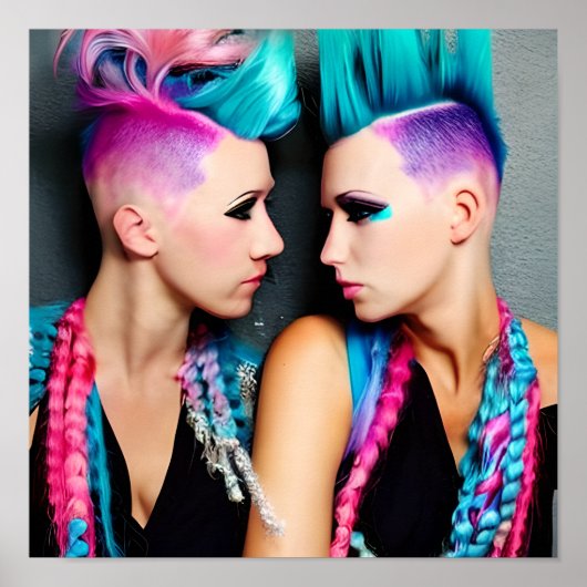 Vrouwen met Roze en Blauwe Mohawks Poster (Voorkant)