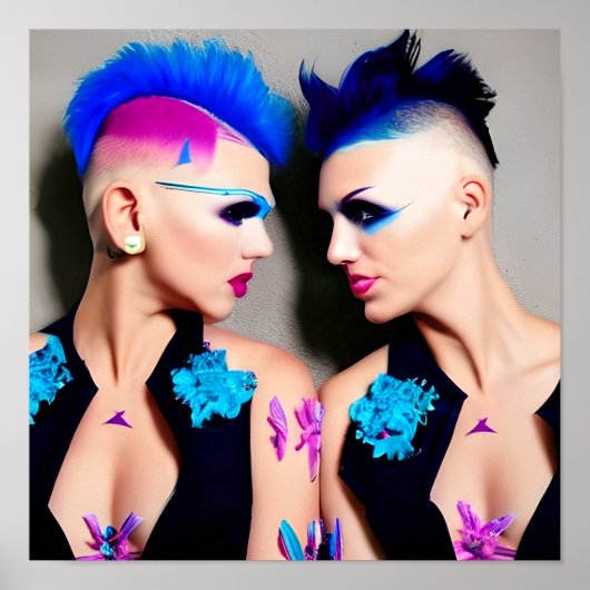 Vrouwen met zwarte, roze en blauwe mohawks poster (Voorkant)