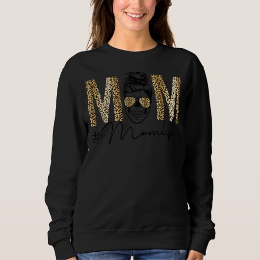 Vrouwen Moeder Leven Messy Bun Leopard schedel Moe Trui (Voorkant)