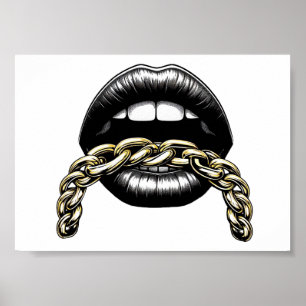 Vrouwen Mond Lippen Met Gouden Ketting Art Illustr Poster