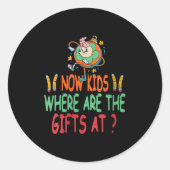 Vrouwen nu Kinder waar zijn de verrassingen Grappi Ronde Sticker (Voorkant)
