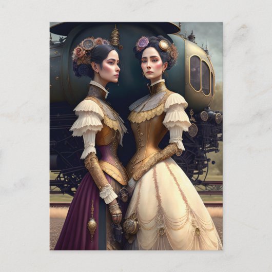 Vrouwen op het Victoriaans Steampunk treinstation Briefkaart (Voorkant)