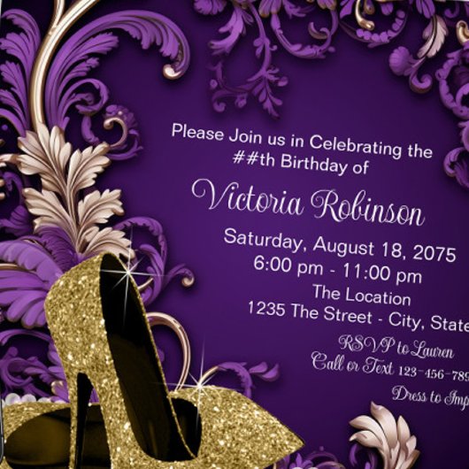 Vrouwen Paarse Gouden Schoen Verjaardagsfeest Kaart