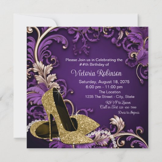 Vrouwen Paarse Gouden Schoen Verjaardagsfeest Kaart (Voorkant)