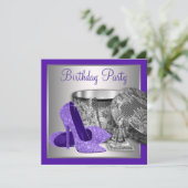 Vrouwen Paarse Zilveren Hoge Heel Verjaardagsfeest Kaart (Staand voorkant)