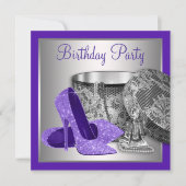 Vrouwen Paarse Zilveren Hoge Heel Verjaardagsfeest Kaart (Voorkant)