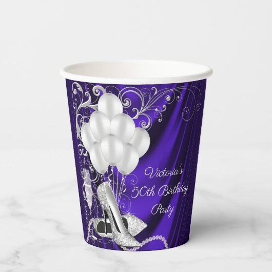 Vrouwen Paarse Zilveren Verjaardagsfeestje Papier  Papieren Bekers (Achterkant)