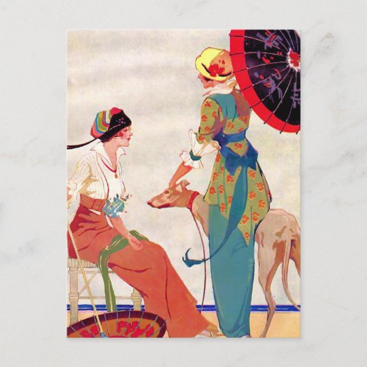Vrouwen Parasols en Greyhound Briefkaart (Voorkant)