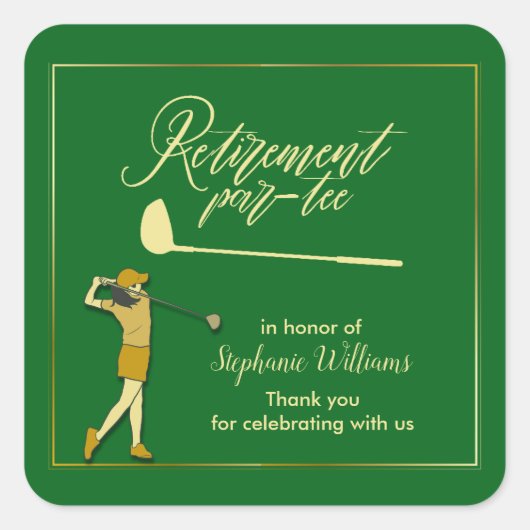 Vrouwen Pensioen Golf Party Classic Groen Gouden Vierkante Sticker (Voorkant)
