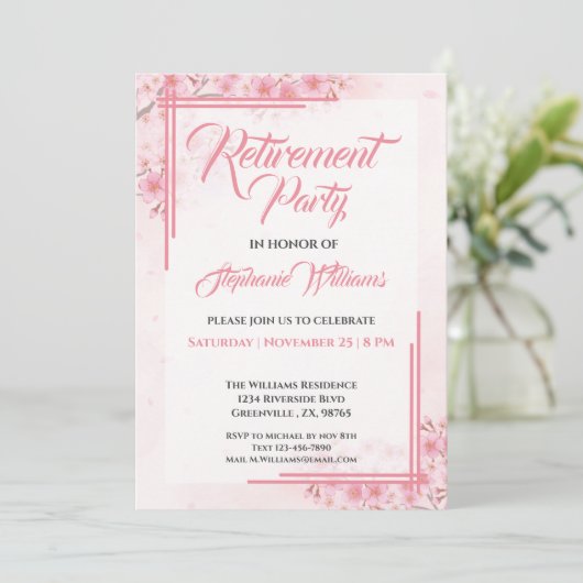 Vrouwen Pensioen Party Elegant Roze Bloemen Kaart (Staand voorkant)