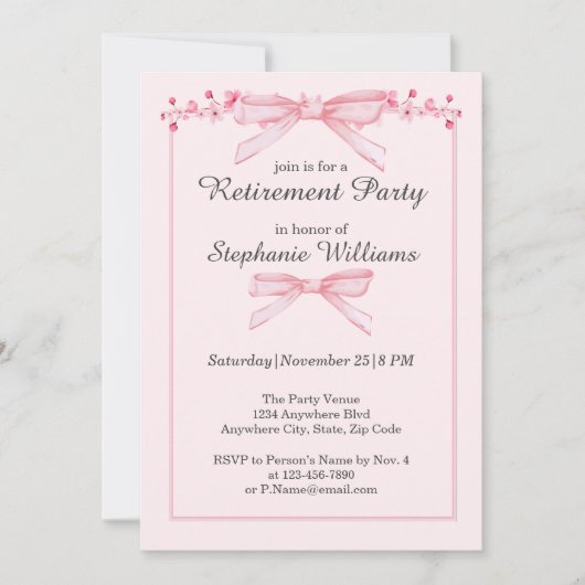 Vrouwen Pensioen Roze Bow Bloemen Border Party Kaart (Voorkant)