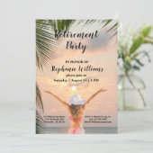 Vrouwen pensioen strand thema zonsondergang palmbo kaart (Staand voorkant)