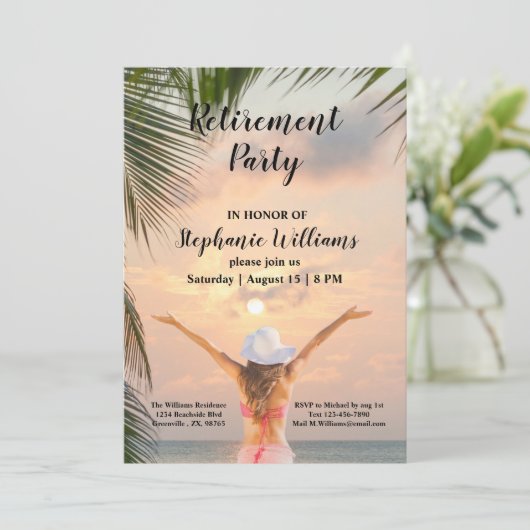 Vrouwen pensioen strand thema zonsondergang palmbo kaart (Staand voorkant)