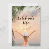 Vrouwen pensioen strand thema zonsondergang palmbo kaart (Achterkant)