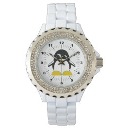 Vrouwen Pinguïn Rhinestone wit emaille horloge