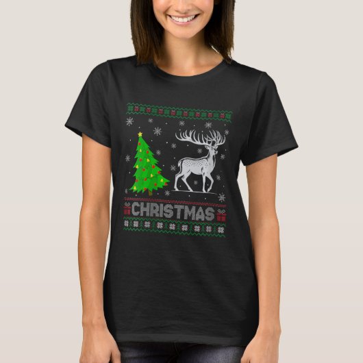 Vrouwen rendier kerstboom verlichting lelijke kers t-shirt (Voorkant)
