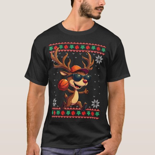 Vrouwen rendieren spelen basketbal lelijke kerst t-shirt (Voorkant)