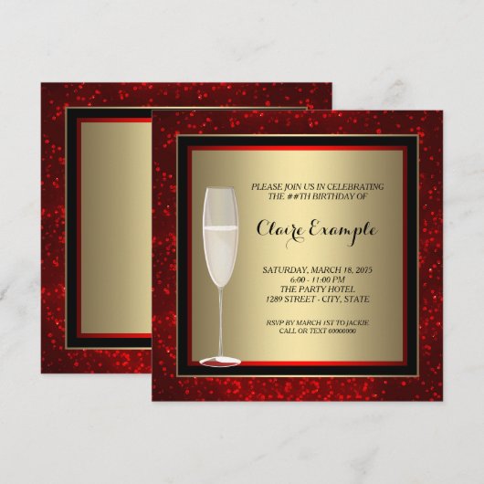 Vrouwen Rode en Gouden Champagne Verjaardagsfeest Kaart (Voorkant / Achterkant)
