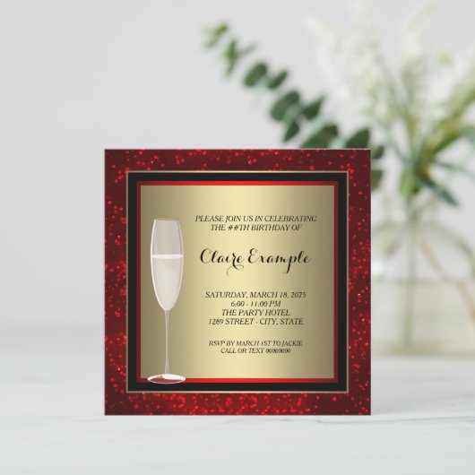 Vrouwen Rode en Gouden Champagne Verjaardagsfeest Kaart (Staand voorkant)