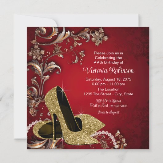 Vrouwen Rode Gouden Schoen Verjaardagsfeestje Kaart (Voorkant)