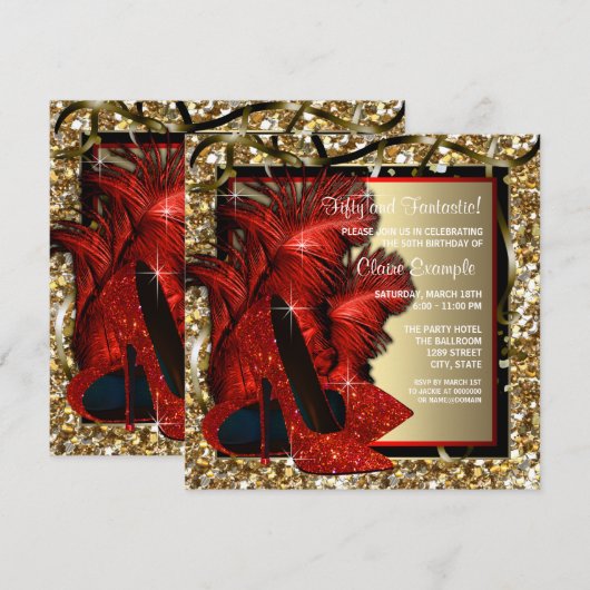 Vrouwen rood en goud hoge hakken verjaardagsfeestj kaart (Voorkant / Achterkant)