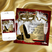 Vrouwen Rood en Goud Masquerade Verjaardagsfeest Kaart