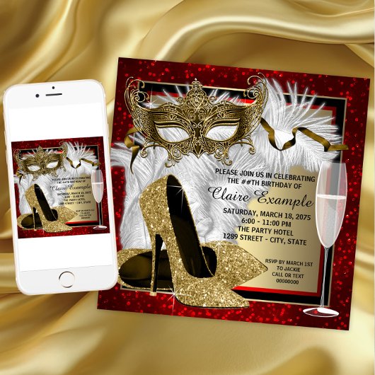 Vrouwen Rood en Goud Masquerade Verjaardagsfeest Kaart