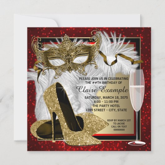 Vrouwen Rood en Goud Masquerade Verjaardagsfeest Kaart (Voorkant)