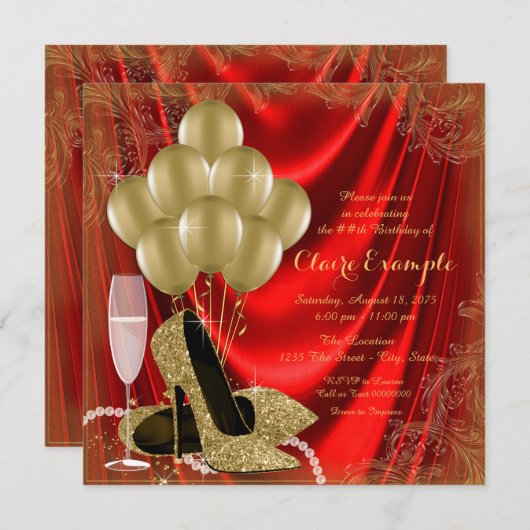 Vrouwen Rood en Goud Verjaardagsfeest Satin Glitte Kaart (Voorkant / Achterkant)